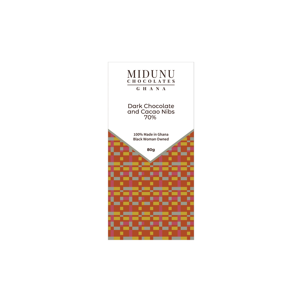Midunu Chocolates are created by an award winning chef in Accra, Ghana. The traditional method of fermenting cocoa beans in plantain and banana leaves instills a unique flavor.  In this bar, expect intense cacao notes.