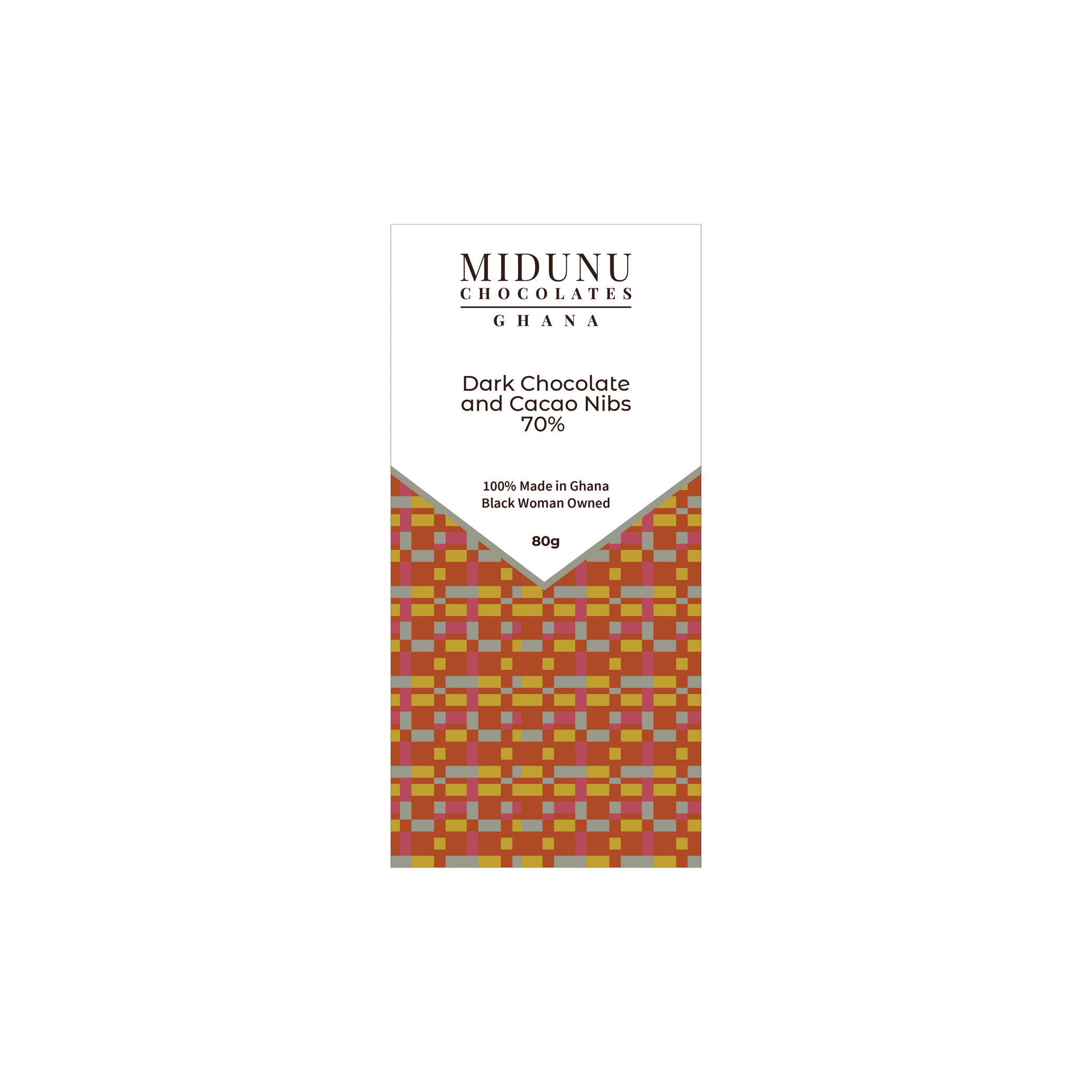 Midunu Chocolates are created by an award winning chef in Accra, Ghana. The traditional method of fermenting cocoa beans in plantain and banana leaves instills a unique flavor.  In this bar, expect intense cacao notes.
