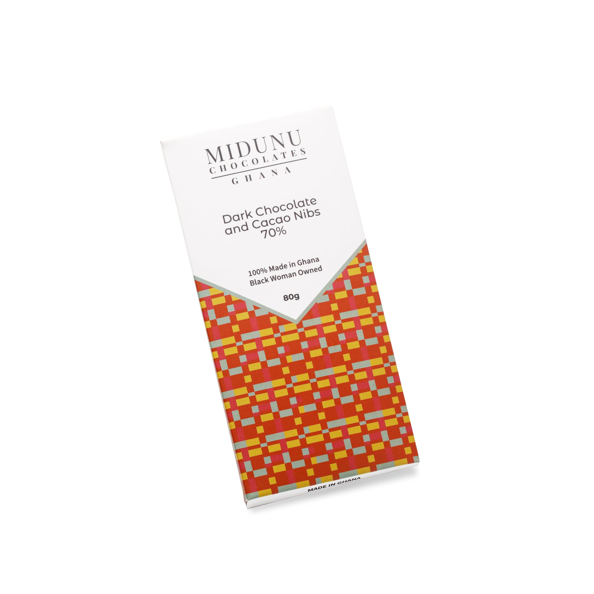 Midunu Chocolates are created by an award winning chef in Accra, Ghana. The traditional method of fermenting cocoa beans in plantain and banana leaves instills a unique flavor.  In this single origin bar, expect intense cacao notes.